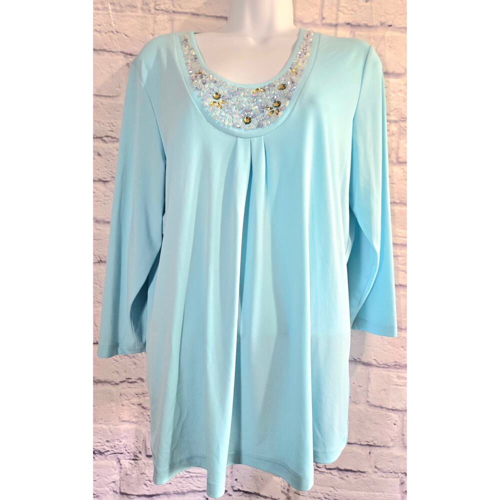 Susan Graver Blue Beaded Bodice Top Medium Liquid Knit Stretchy